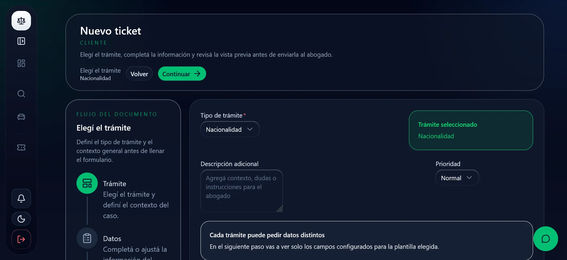 Guided legal request. The new-ticket flow breaks a legal request into understandable steps, beginning with procedure, context, and priority.