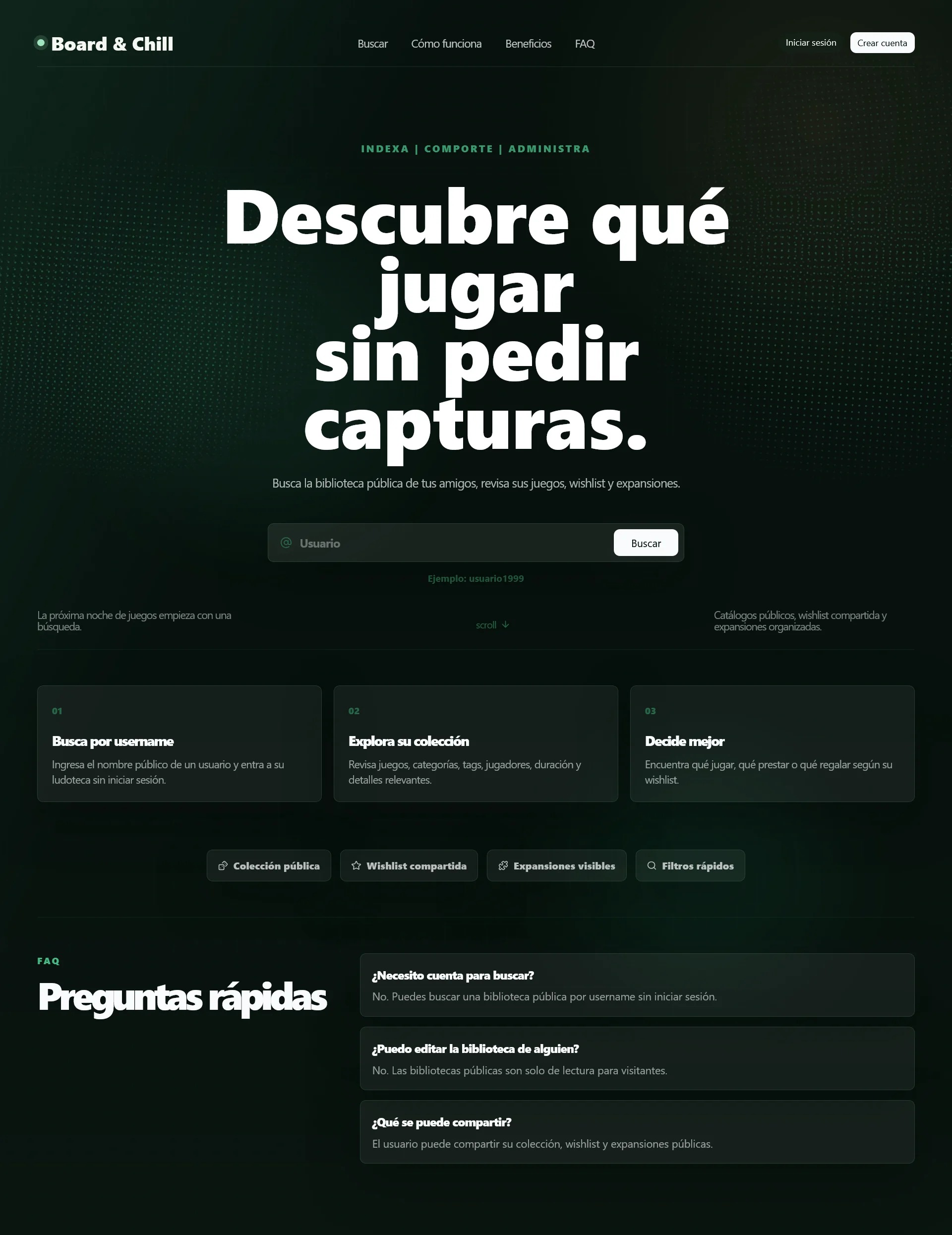 Discovery landing page. The complete marketing page explains search, collection browsing, sharing, filters, and frequently asked questions.