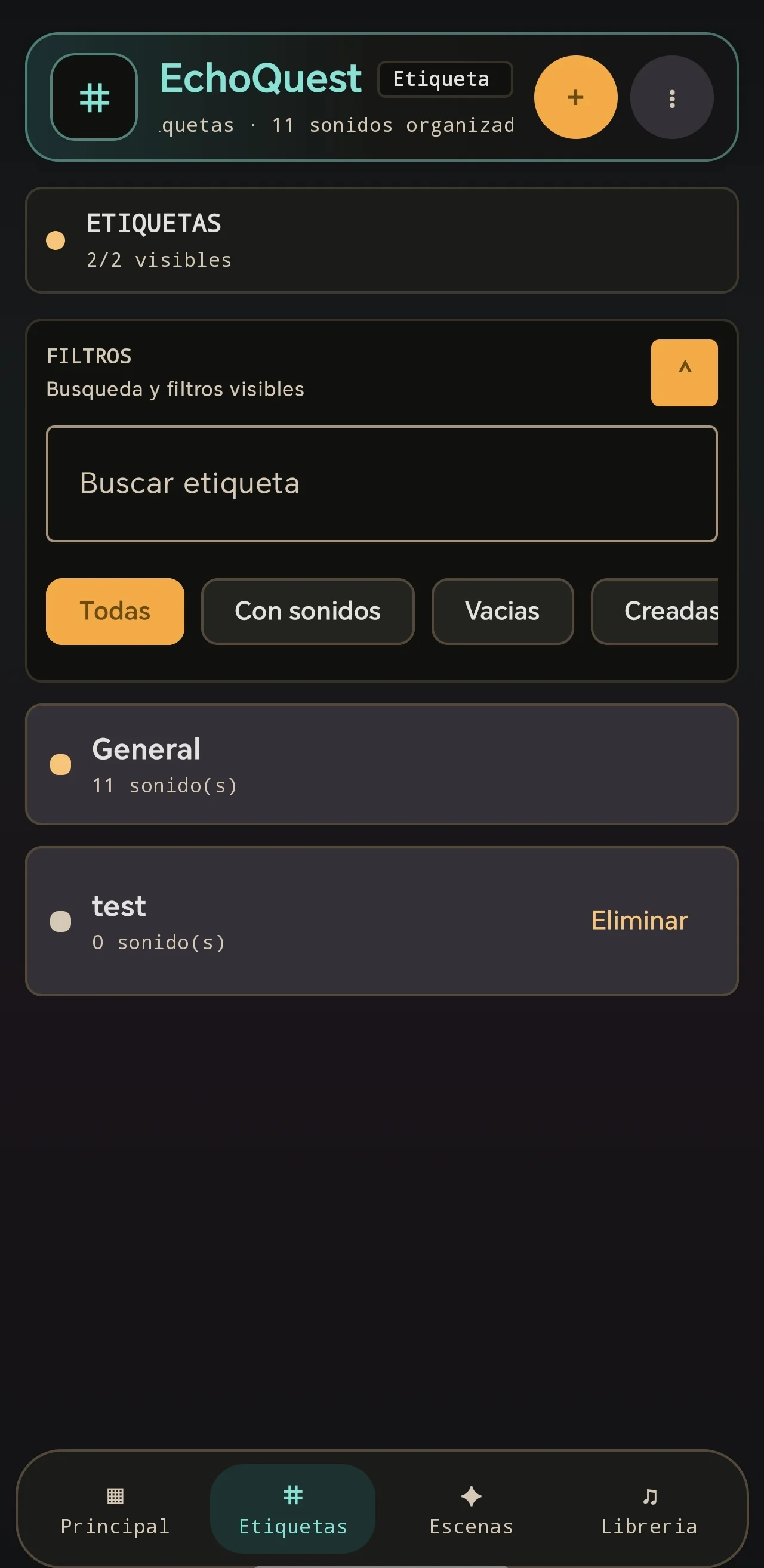 Tags and filters. Tags organize the audio library and expose filters for sounds, empty groups, and user-created categories.