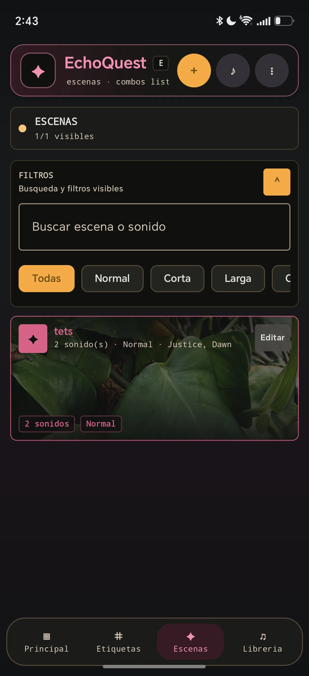 Scene search. The scenes area combines search, duration filters, and descriptive cards for finding the right atmosphere quickly.
