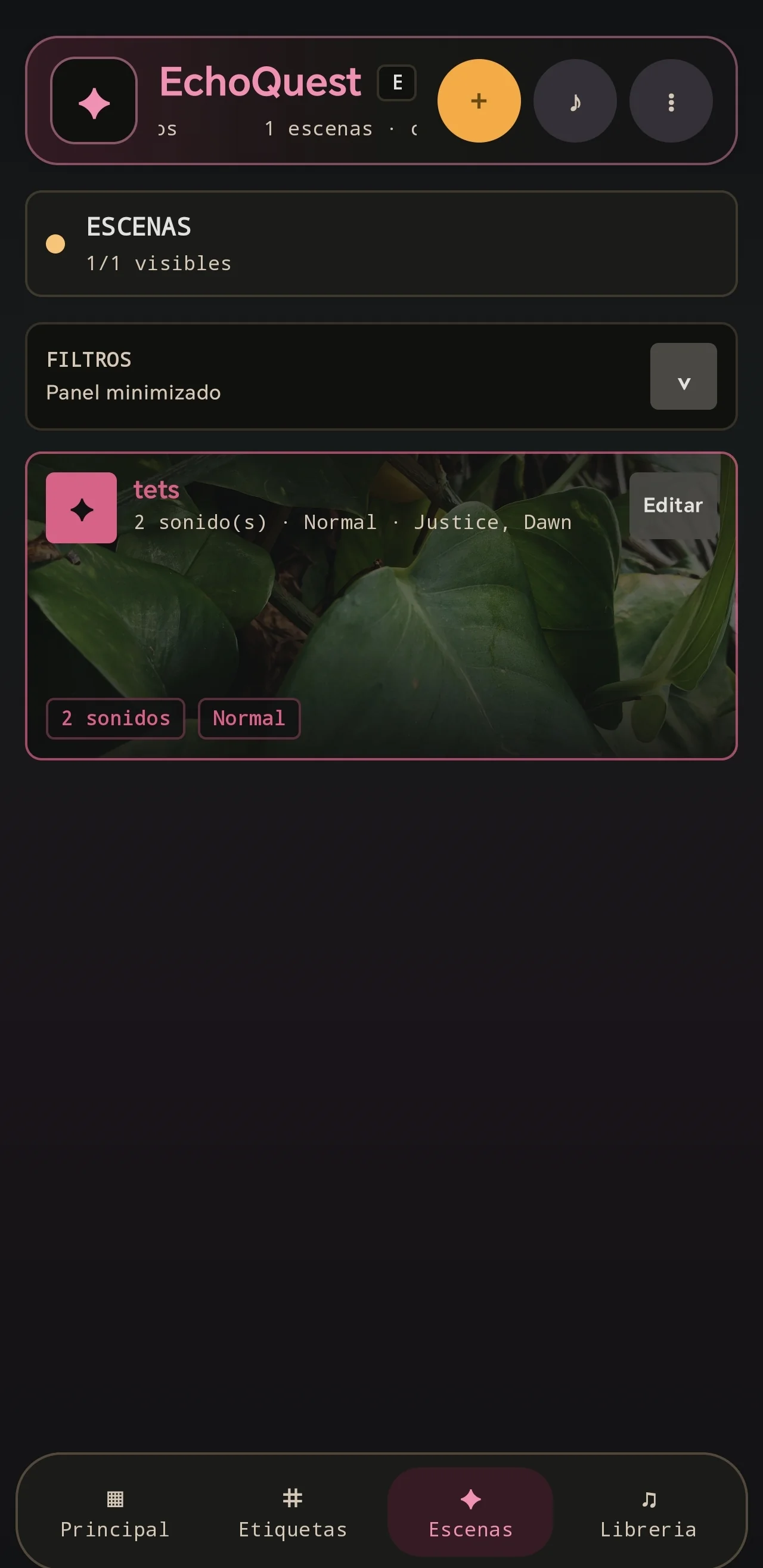 Scene overview. A compact scene card reveals its included sounds and playback mode while keeping editing close at hand.