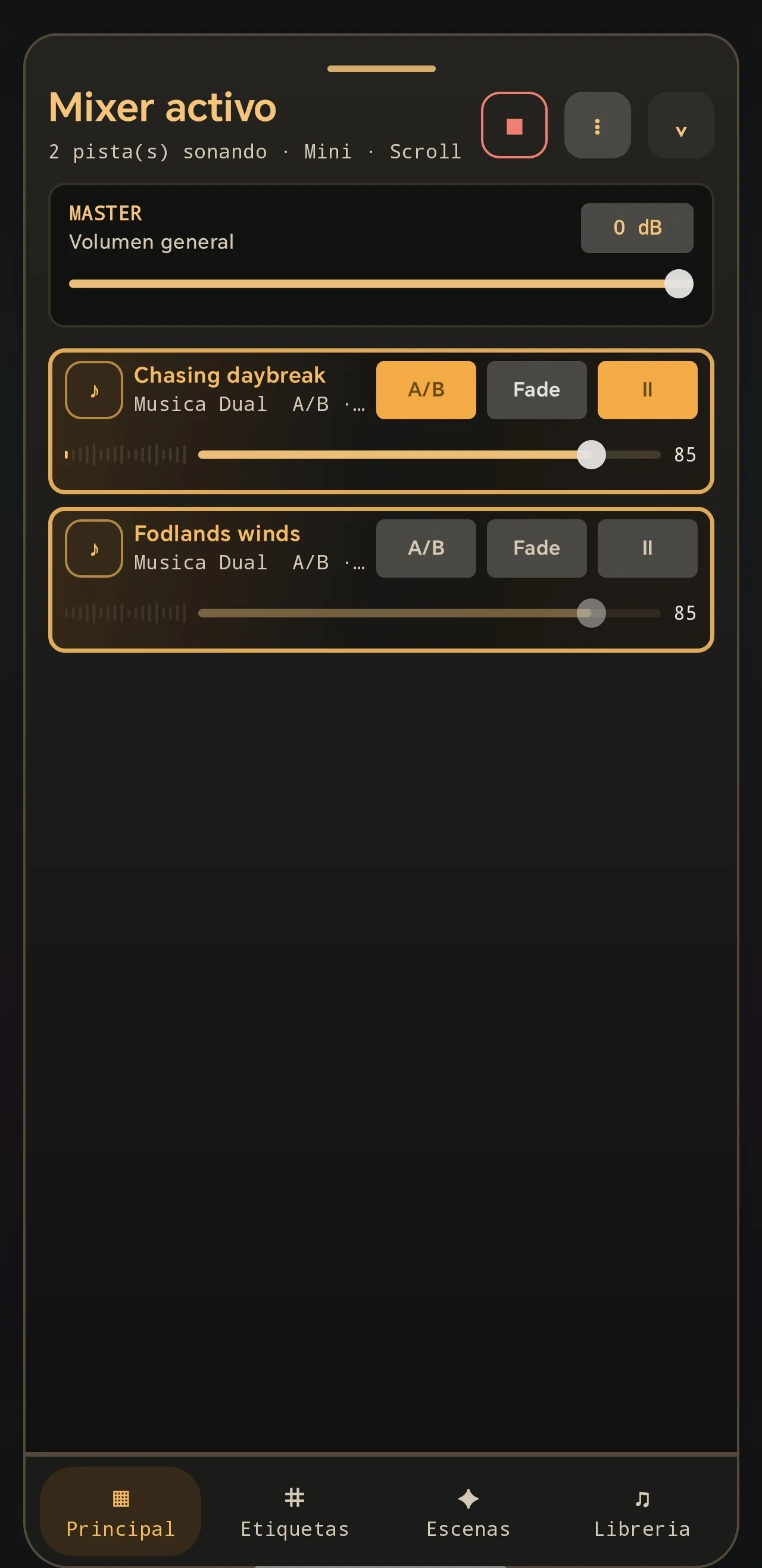Compact dual mixer. Two simultaneous tracks can be balanced independently with quick access to A/B mode, fading, and pause.