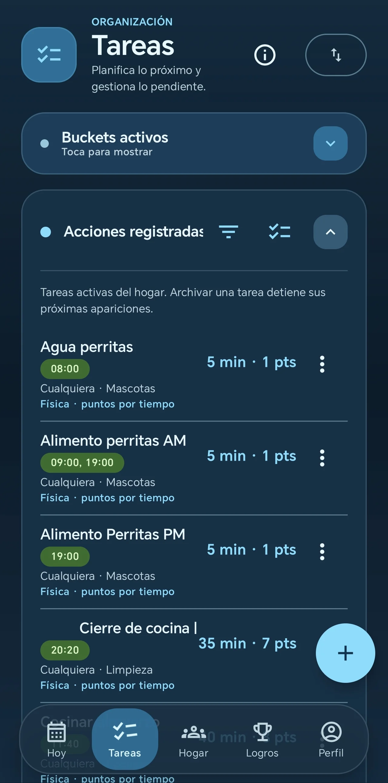 Task management. Recurring household actions show time, effort, points, category, and contextual options in a scannable list.