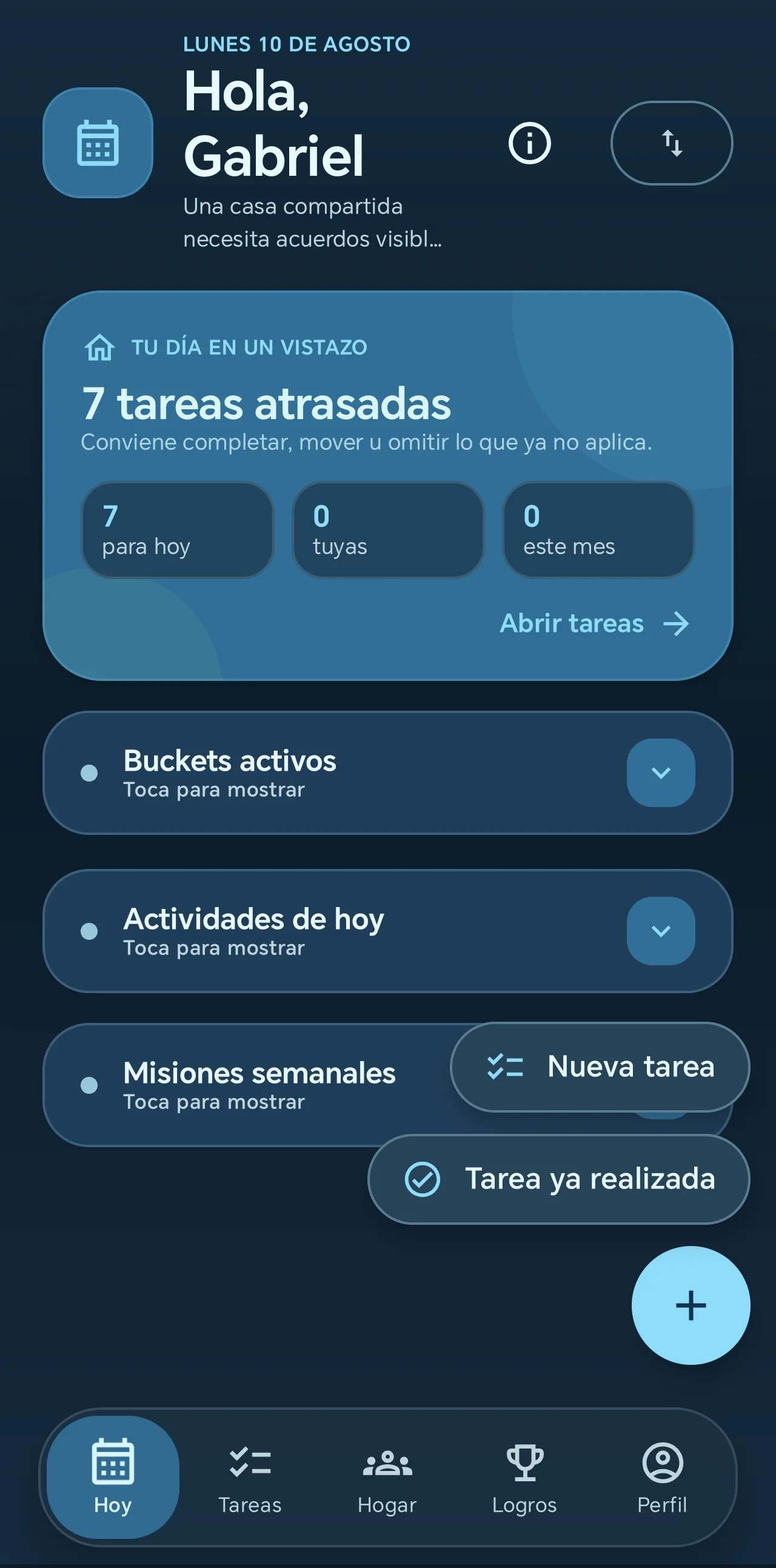 Quick task actions. Contextual shortcuts let people create or mark work as completed directly from the daily overview.